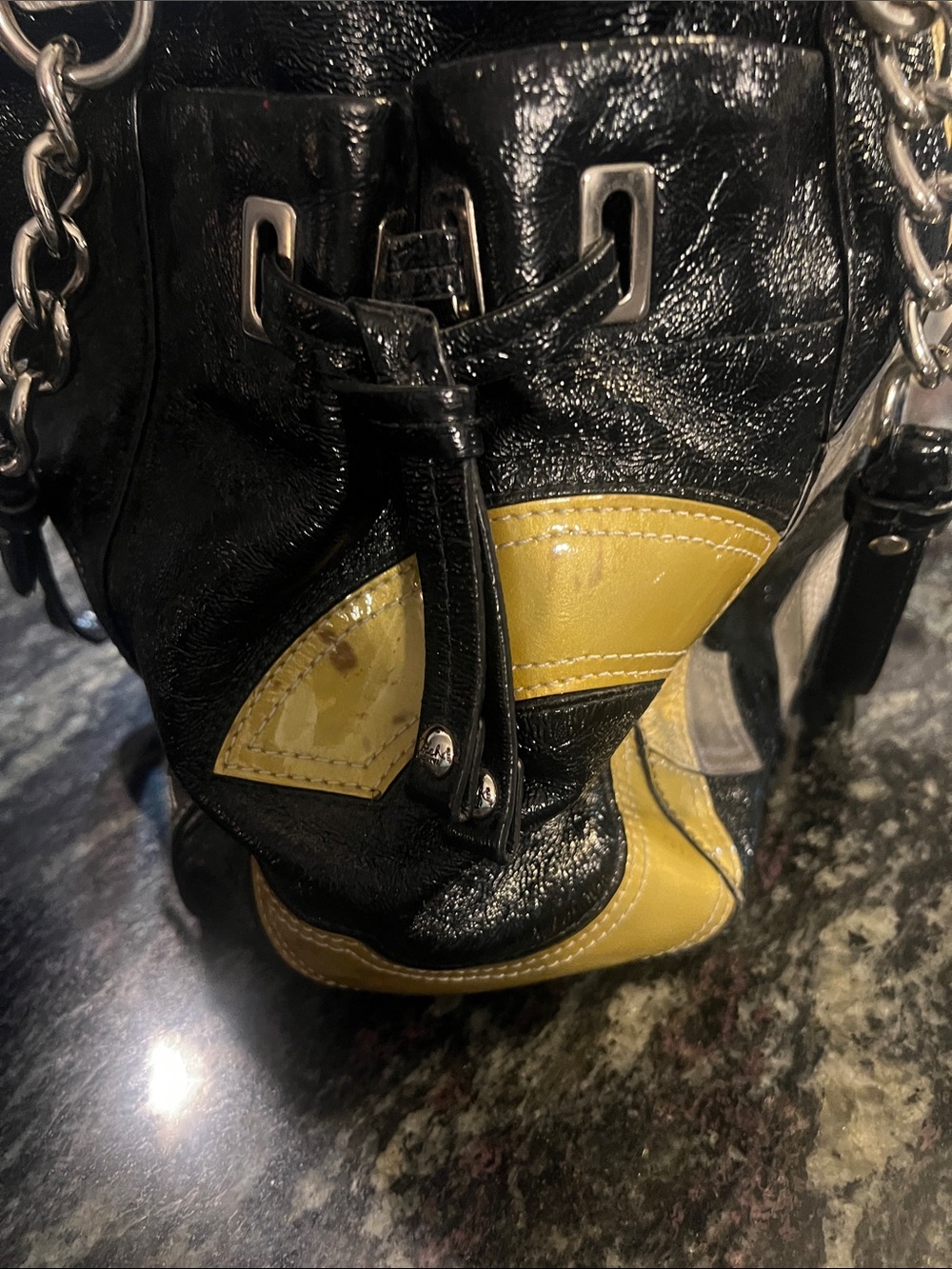 Coach patent leather Black Tote with gold and Gray suede C’s - Picture 9 of 11